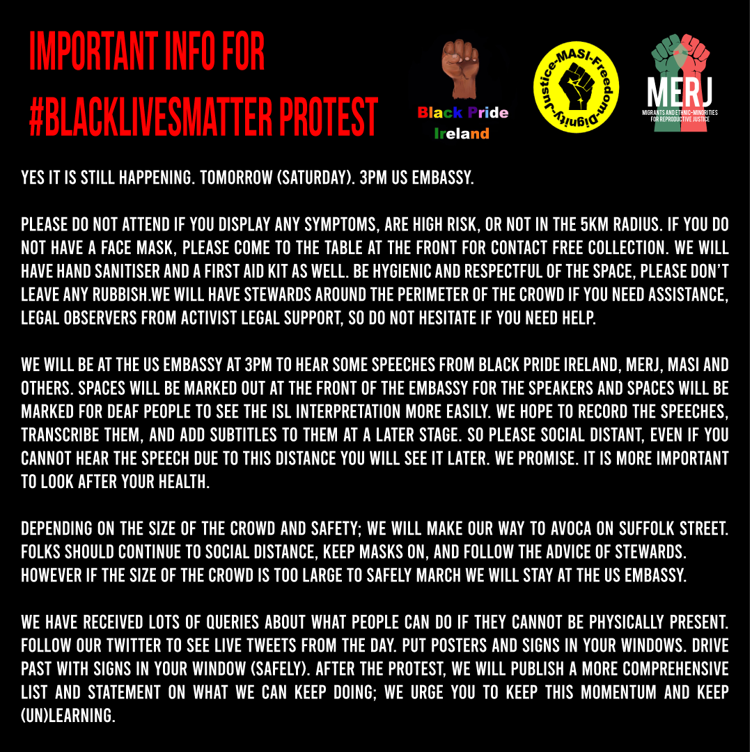 merj_ireland's tweet photo. IMPORTANT INFO REGARDING #BlackLivesMatter protest by  @masi_asylum, @BlackPrideIre and @merj_ireland 

Text unroll to follow this tweet https://t.co/EsnRSNZlG3