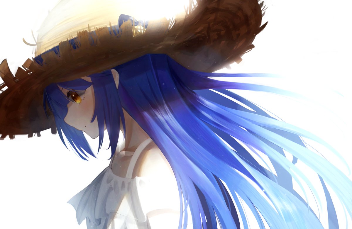 1girl solo hat long hair blue hair straw hat white background  illustration images