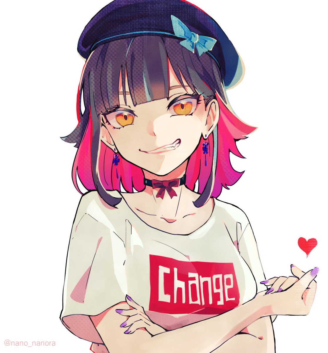 1girl solo jewelry smile hat earrings shirt  illustration images