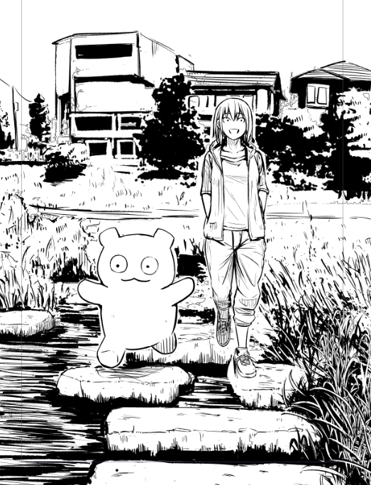 すいません、バタバタしていて今日も見せれるものがないので、前にコミティアで出した同人誌の表紙のイラストをあげます。
くまうさは足元をちゃんと見てるっぽいけど、私はたぶん次の一歩で川に落ちる。
