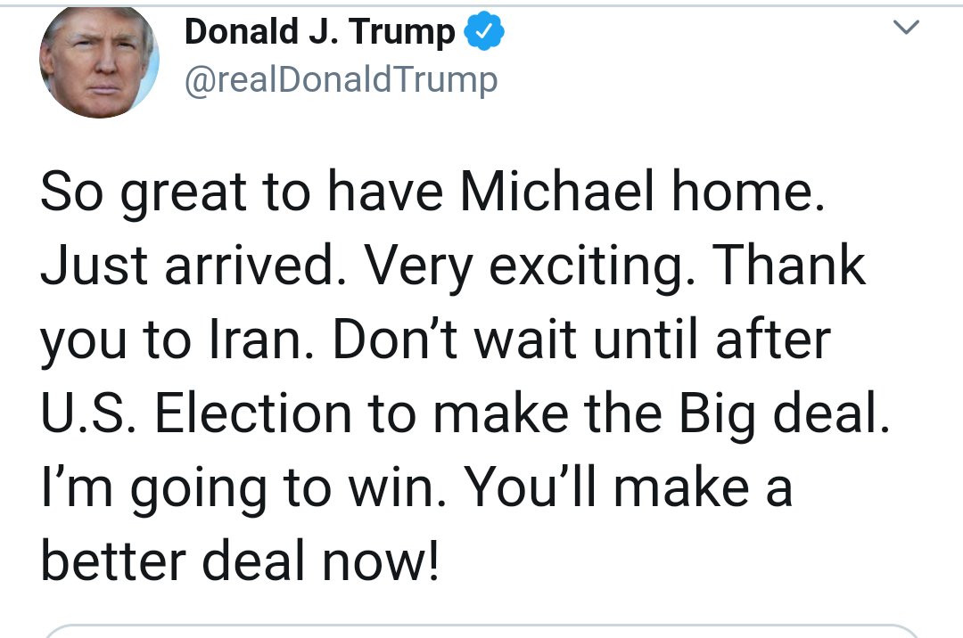 We achieved humanitarian swap *despite* your subordinates' efforts, @realDonaldTrump

And we had a deal when you entered office. Iran & other JCPOA participants never left the table.

Your advisors—most fired by now—made a dumb bet.

Up to you to decide *when* you want to fix it.