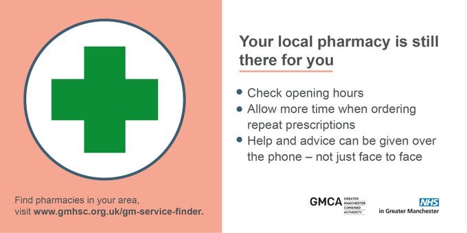 Some things might be a bit different but your local pharmacy is still there for you. #Coronavirus has affected staffing levels so some pharmacies may have shorter opening hours. Check before you set off. #COVIDー19 #TogetherGM #StaySafeStayWell