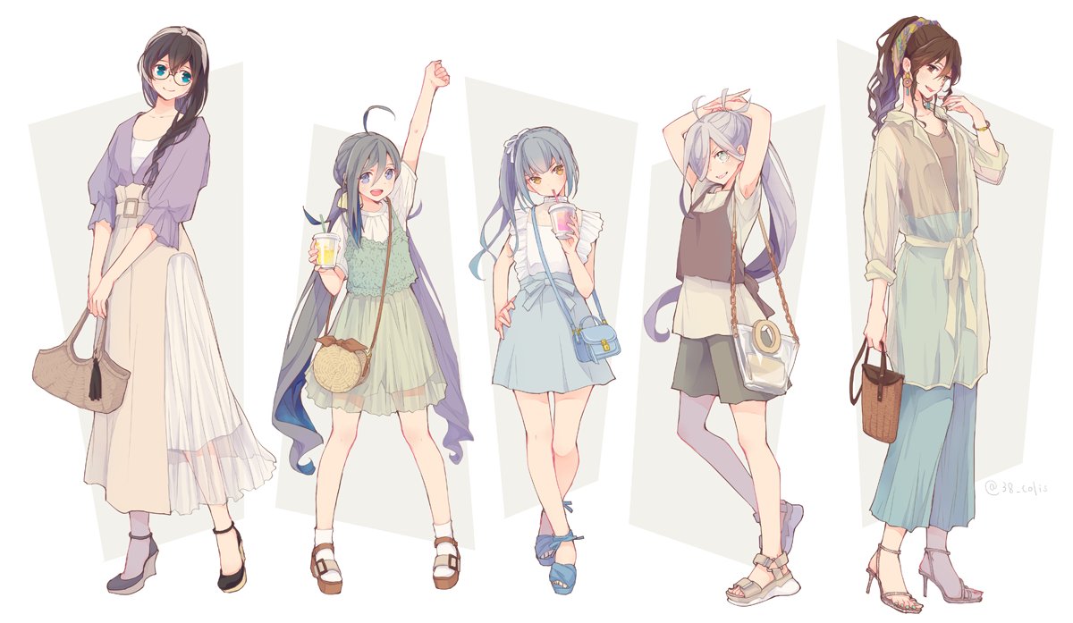 asashimo (kancolle) ,kasumi (kancolle) ,kiyoshimo (kancolle) ,ooyodo (kancolle) multiple girls grey hair long hair bag glasses ahoge black hair  illustration images