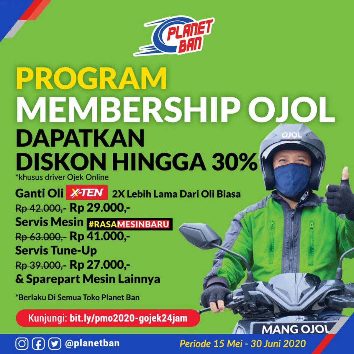 gojek24jam's tweet photo. Ayo pakai diskonnya sekarang! Nggak cuma servis RMB &amp; ganti oli aja, Program Membership Ojol juga ngasih:

Ganti Oli mulai dari 29rb
Servis Mesin #RasaMesinBaru hanya 41rb
Servis Tune-Up hanya 27rb
&amp; sparepart mesin lainnya. https://t.co/z5nFYXENbp