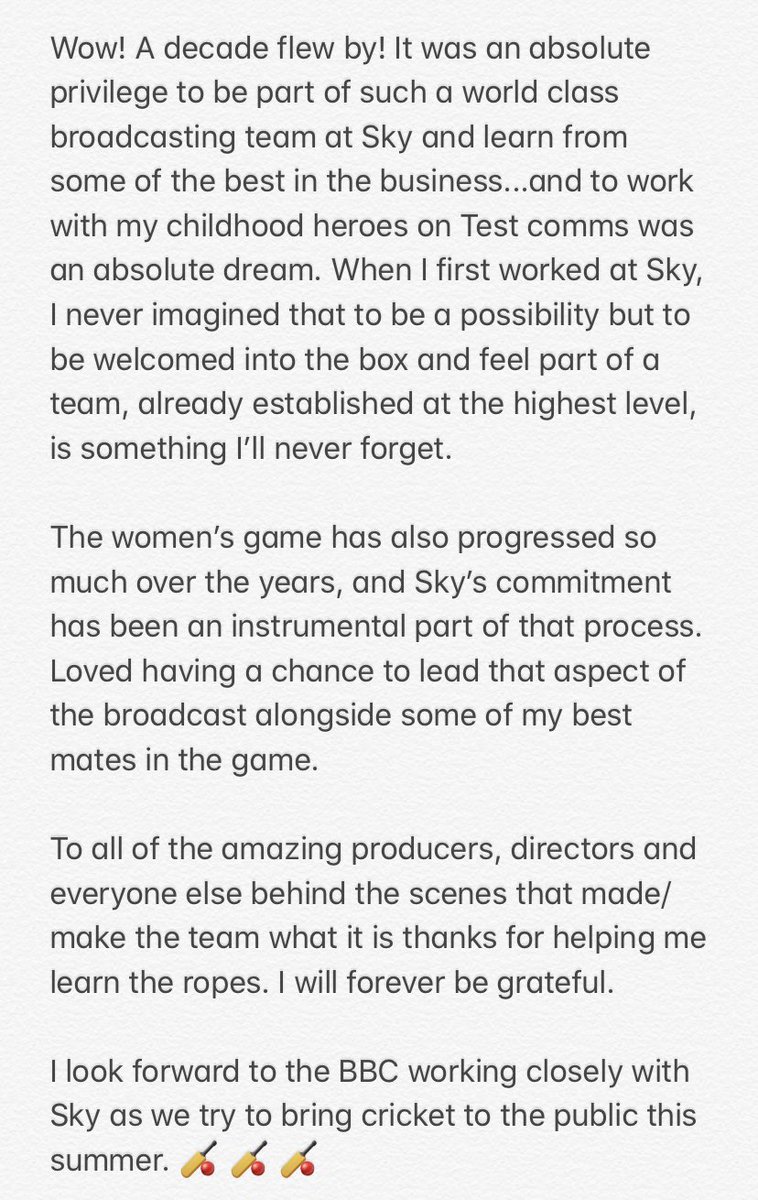 Has been an absolute pleasure working <a href="/bbctms/">Test Match Special</a> over the yrs so really excited at the opp to present the coverage as it comes back to @bbcsport 📺 for the first time in 21 yrs!! While I can’t wait to get going, I would like to say how incredibly thankful I am to <a href="/SkyCricket/">Sky Sports Cricket</a>. 👇🙏