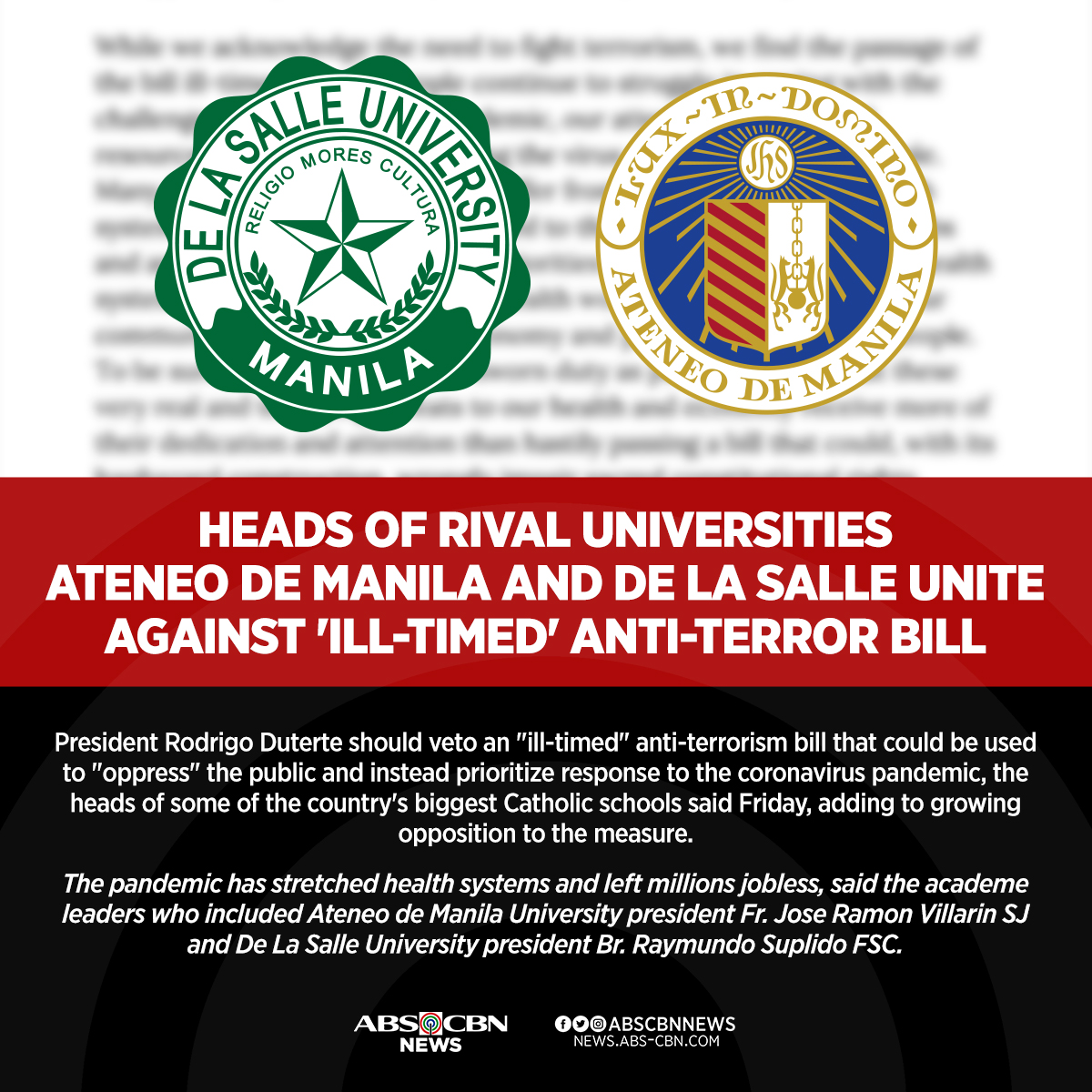 ABSCBNNews's tweet photo. Nagkaisa ang Ateneo at La Salle sa panawagan kay Pangulong Rodrigo Duterte na ibasura ang anti-terror bill at tutukan na lang ang laban kontra #COVID19. https://t.co/Haqg5sWyTu https://t.co/ekP5tgCWA3