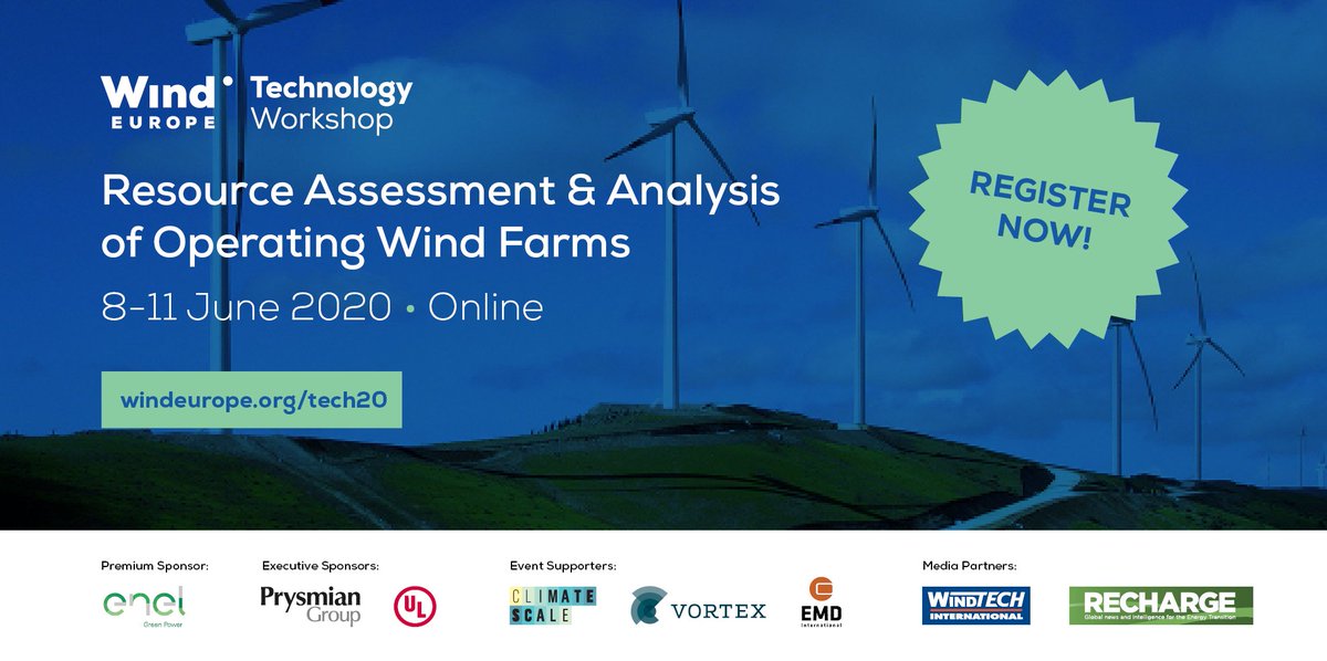 WindEuropeEvent's tweet photo. The Technology Workshop on Resource Assessment and Analysis of Operating Wind Farms starts Monday!
Four half-days, adjusted to accommodate most time zones, 500 wind energy experts, all on one virtual platform.
Register now: https://t.co/IJjrpgrn5I
#windenergy #windtech20 https://t.co/A0AkPaDM17