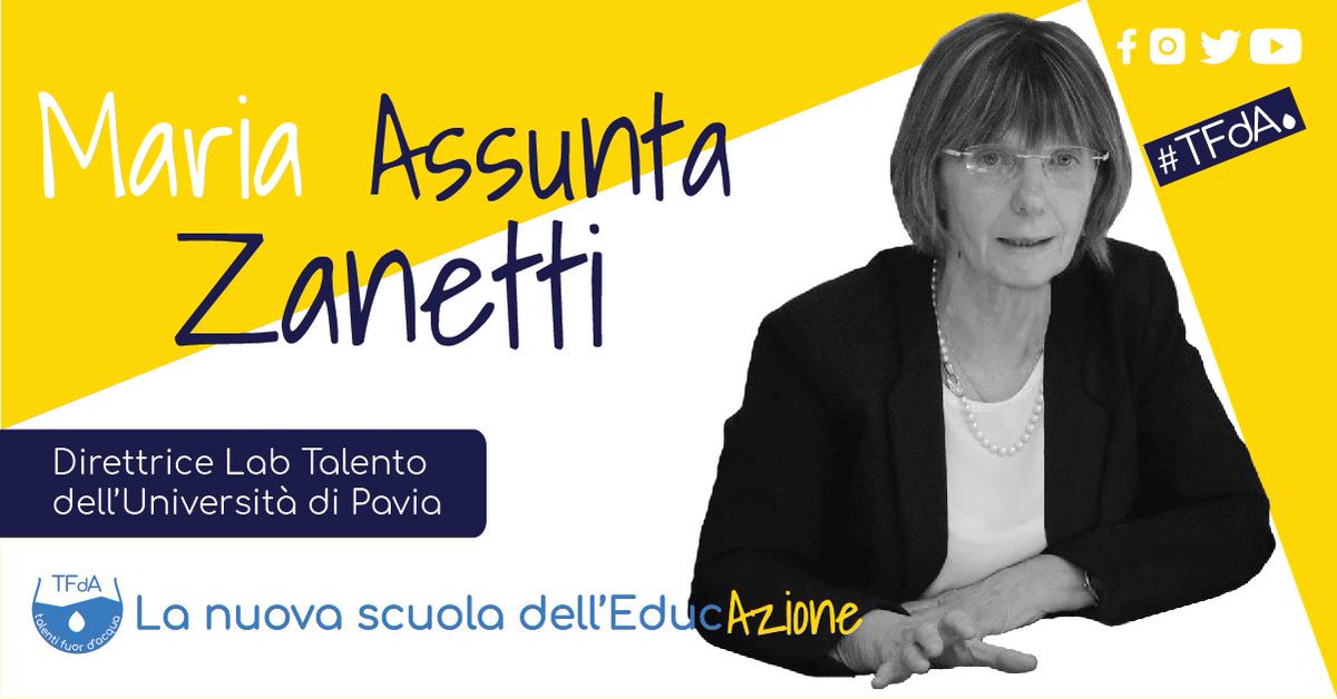 tfd_acqua's tweet image. #5giugno La giornata dedicata ai #talentifuordacqua🐬continua con l’intervista alla Prof. Maria Assunta Zanetti direttrice #Labtalento🔬#gifted La nuova scuola dell’EducAzione🏫 #tfda 
La diretta riprenderà alle 16,30 su talentifuordacqua.it