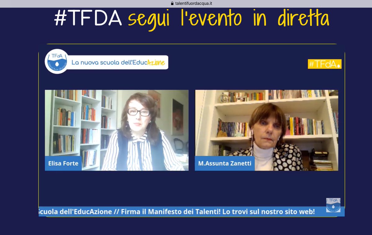 tfd_acqua's tweet image. #5giugno La giornata dedicata ai #talentifuordacqua🐬continua con l’intervista alla Prof. Maria Assunta Zanetti direttrice #Labtalento🔬#gifted La nuova scuola dell’EducAzione🏫 #tfda 
La diretta riprenderà alle 16,30 su talentifuordacqua.it