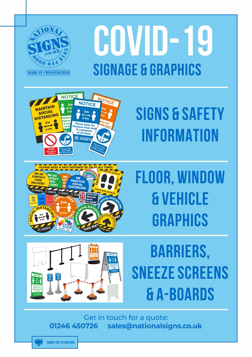 With more businesses returning to work, we have a selection of signs, stickers, A-boards, sneeze screens &amp; barriers available. From off the shelf items to completely bespoke items.
Email sales@nationalsigns.co.uk for a copy of our catalogue or to discuss your requirements.