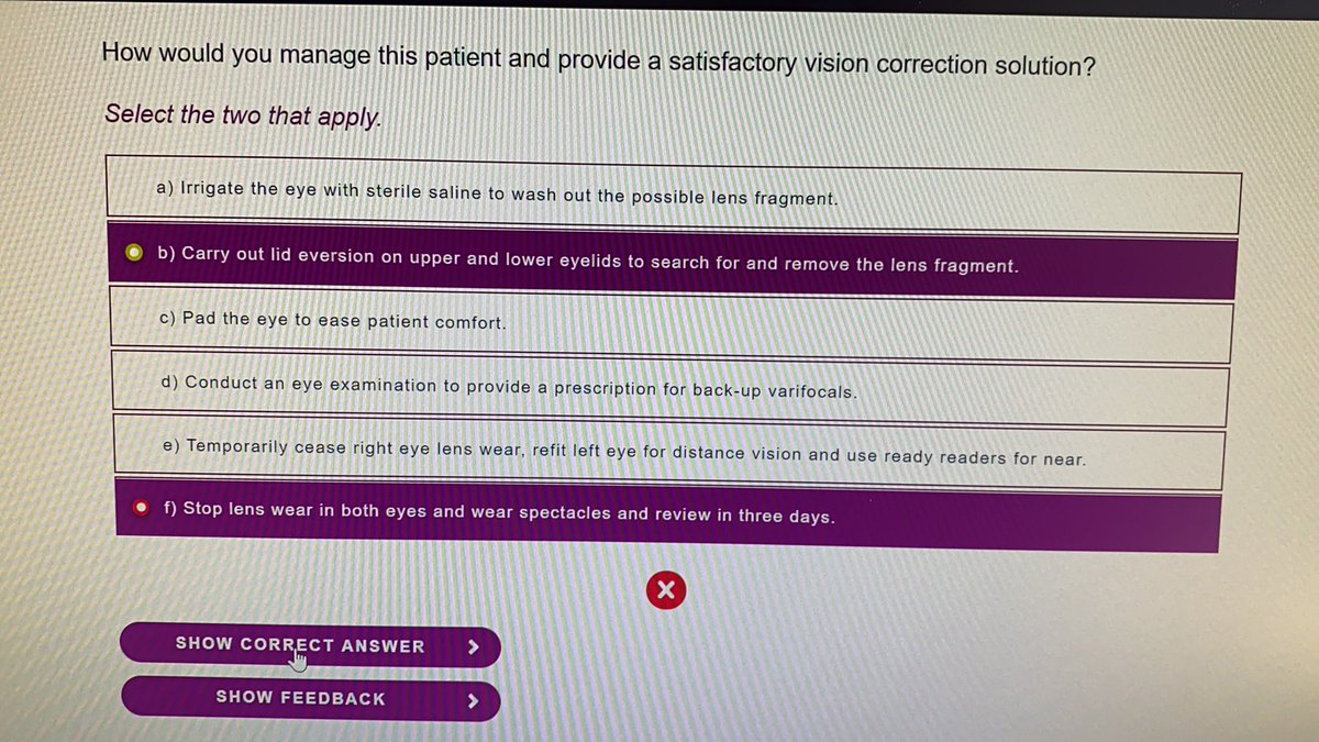 DFOptometrists's tweet photo. @CollegeOptomUK really misleading wording in this CET. Answer is wrong as it says don’t refract - but the Px has a pair of spectacles already that they can use and take them off to read. The answer doesn’t say you would re-refract them. https://t.co/3iRgkD0IPh
