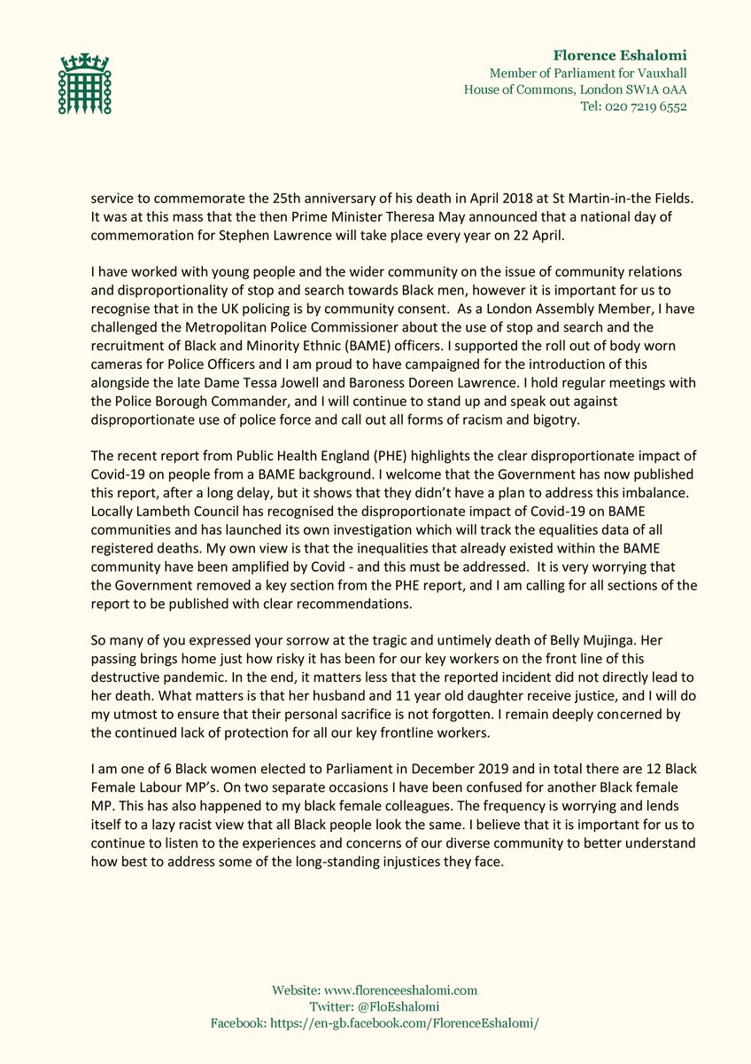 FloEshalomi's tweet image. I've received hundreds of e-mails regarding the murder of George Floyd, the #BellyMujinga case and the PHE report.

These events encapsulate the deeply entrenched social and structural inequality and discrimination in society.

You can see my response below: 

#BlackLivesMatter