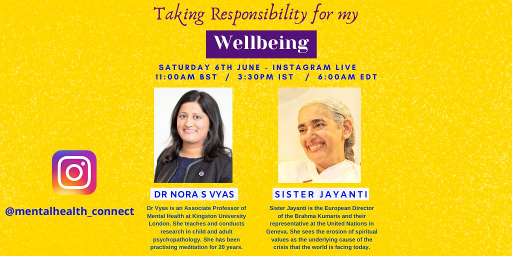 You are invited to the IG Live event with #SisterJayanti and #DrNoraVyas on Taking Responsibility for Wellbeing on 6th June at 11:00am BST! #meditation #instagramlive #freevent #wellness #selfhelp #calm #relax #learntomeditate #meditation #selfcare #covid19 #mentalhealth