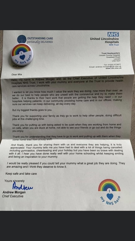 Sam Torgersen (@samtorgersen) on Twitter photo How lovely is this? Our Chief Executive <a href="/MorganCEO/">Andrew Morgan</a> has been writing to the children of <a href="/ULHT_News/">NHS United Lincs</a> to thank them, with an added personalised message too! The kids are wearing their badges with pride! 🌈 #NHSheroes #positivity How lovely is this? Our Chief Executive <a href="/MorganCEO/">Andrew Morgan</a> has been writing to the children of <a href="/ULHT_News/">NHS United Lincs</a> to thank them, with an added personalised message too! The kids are wearing their badges with pride! 🌈 #NHSheroes #positivity