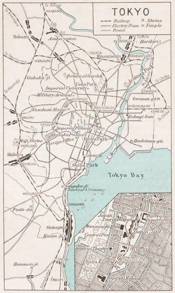 「Pocket guide to Japan」(1926)外国人向けの観光ガイド(?)の鉄道路線図。山手線は環状化してるっぽいが上野駅の書き方が現在からみると不思議。地下鉄が存在しない最末期の東京という趣があるが、他は今の原型はありますね https://t.co/aCaemTGGZb (p32) 