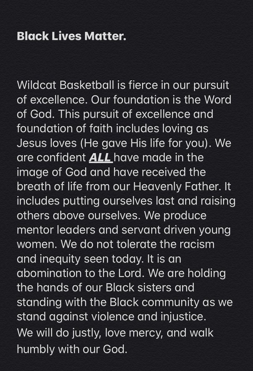 Wildcat Basketball does not tolerate racial injustice or inequality. #BlackLivesMatter #BeFierce #Fearless