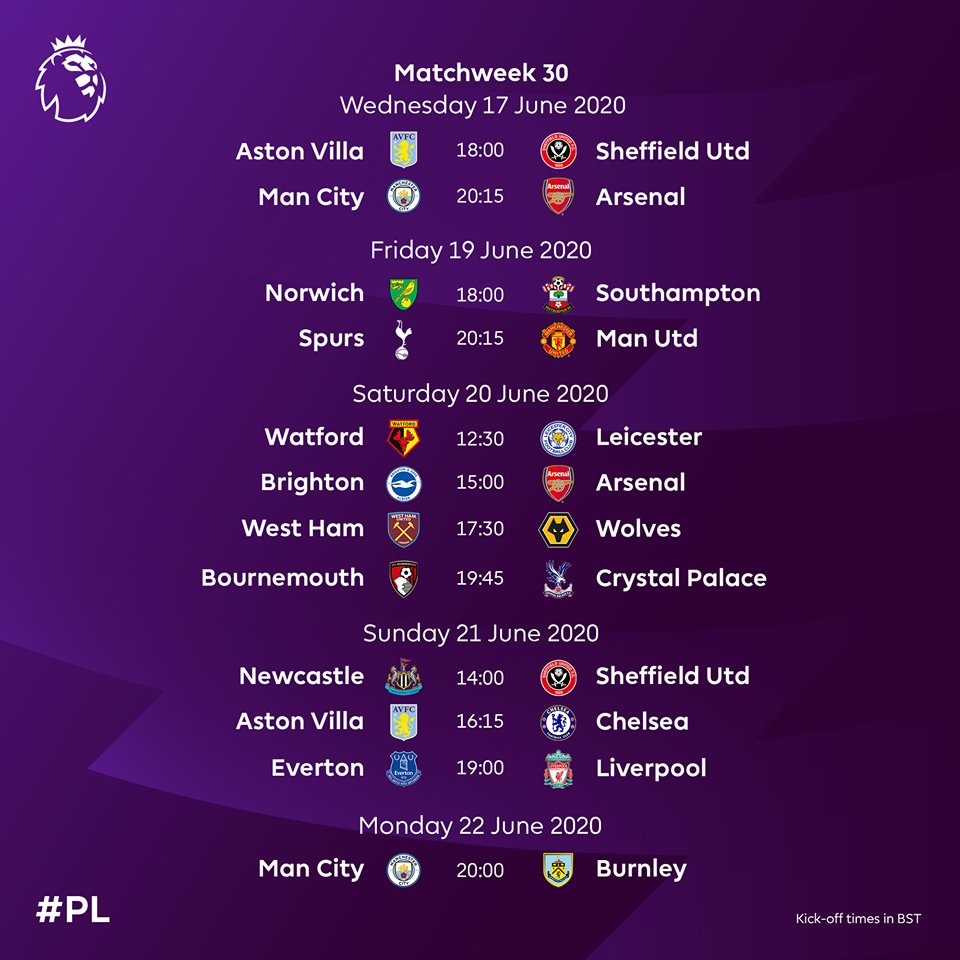 OFFICIAL: The Premier League will restart behind closed doors on June 17th.