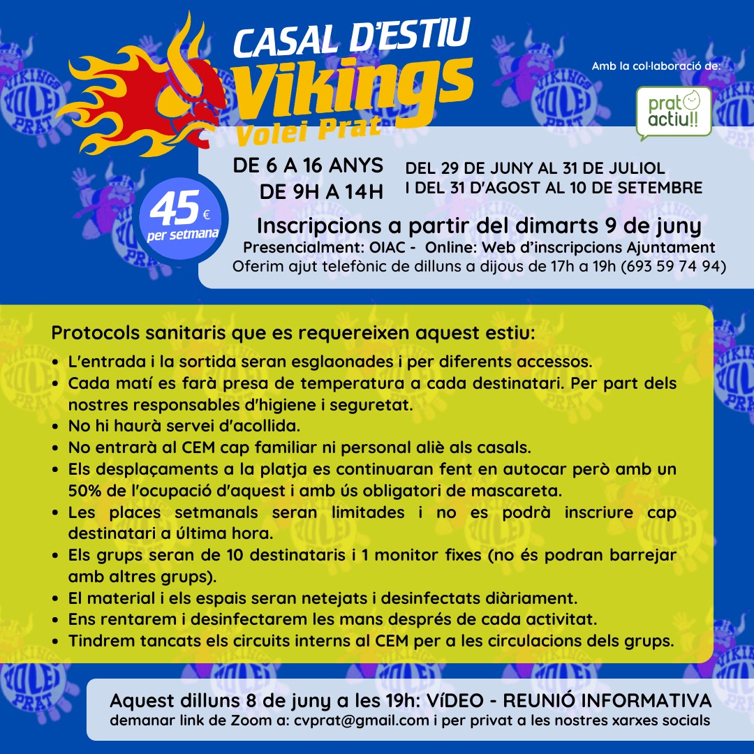 voleiprat's tweet photo. 👆🏼 Aquests temes i + informació:
🗓️ dilluns 8 de juny a las 19h a la vídeo-reunió informativa del casal
📹 link de Zoom a: cvprat@gmail.com i per privat a les nostres xarxes socials
📝 Inscripcions a partir del 9 de juny a la web de l'@ajelprat i al OIAC https://t.co/IqTLblbkP4