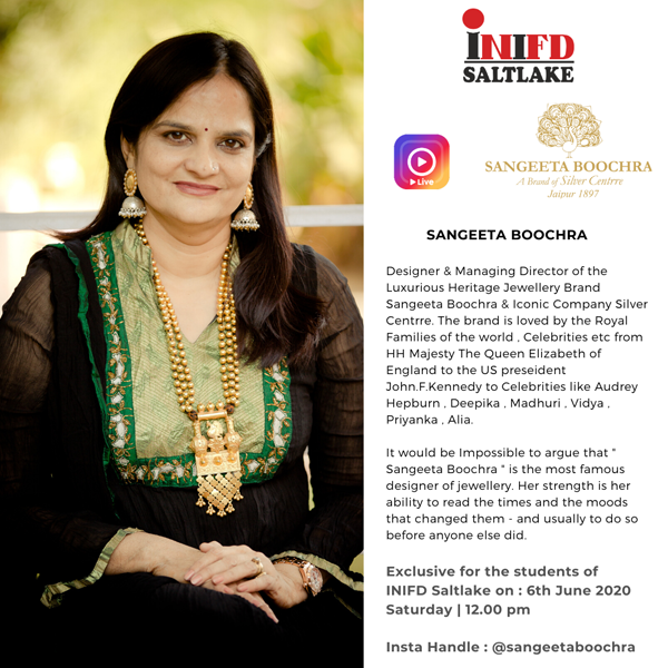 Sangeeta Boochra is a Veteran Designer of the Nation and a Rajasthani Business Magnate.
Every year She designs more than 10,000 handcrafted designs of Precious jewellery studded with Precious and Semi Precious Gemstones.

#INIFDSaltlake #Instalive #Design #JewelleryDesigning