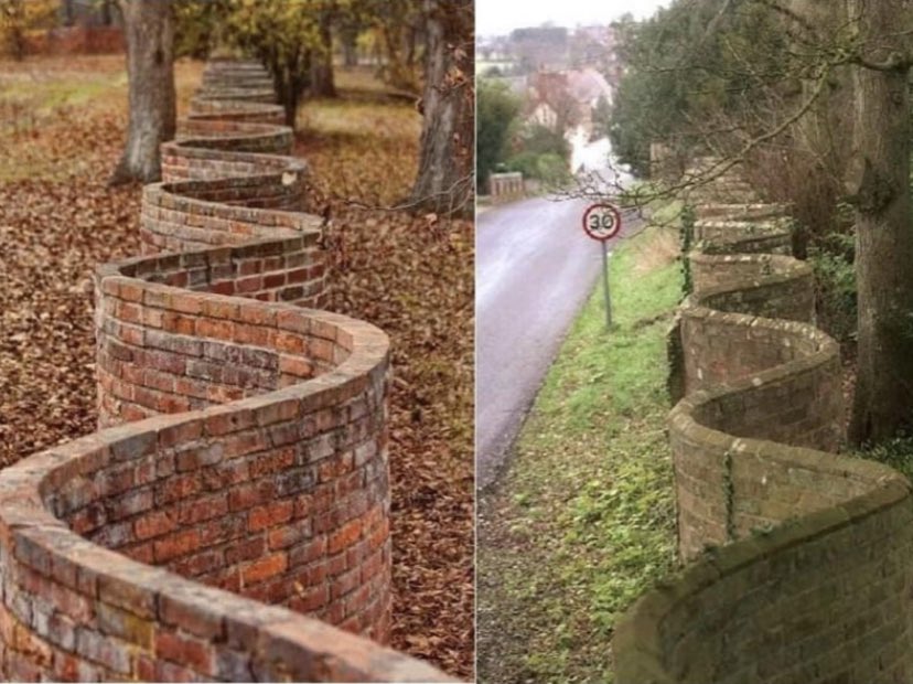 In England you sometimes see these “wavy” brick fences. This shape uses FEWER bricks than a straight wall. A straight wall needs at least two layers of bricks to make is sturdy, but the wavy wall is fine thanks to the arch support provided by the waves. 

en.m.wikipedia.org/wiki/Crinkle_c…