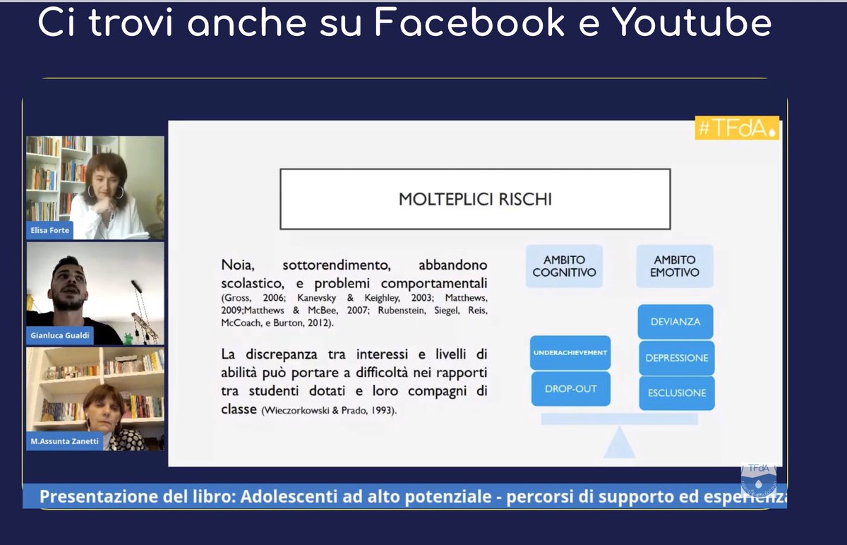 tfd_acqua's tweet image. #5giugno A #Talentifuordacqua🐬la giornalista Elisa Forte presenta il libro “Adolescenti ad alto potenziale”📖scritto dalla Prof.ssa M.Assunta Zanetti e dal dott. Gianluca Gualdi #Labtalento #CulturaCondivisa📚a @CasaLettori 
carocci.it/index.php?opti…