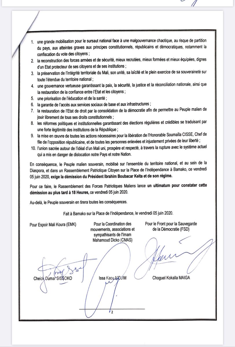 Les organisateurs de la manifestation au Mali lancent un ultimatum pour constater la démission du Président IBK au plus tard à 18 Heures, ce vendredi 05 juin 2020. « Au-delà, le Peuple souverain en tirera toutes les conséquences. » #Kebetu #Mali