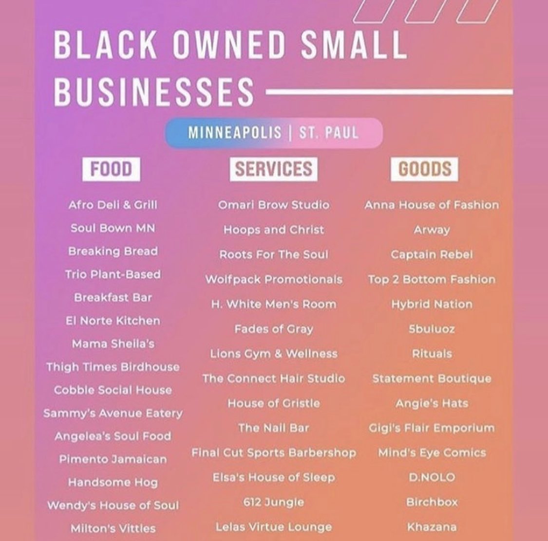 heyglitch's tweet photo. 🏙️Know and support Black-owned businesses in the Twin Cities.🌆

Talk about them, recommend them, and buy their products. If you live outside of Minneapolis, consider ordering products online or buying a gift card for a Minnesotan! 

(List courtesy of @mrwrighttc.) https://t.co/kizPgPerrh