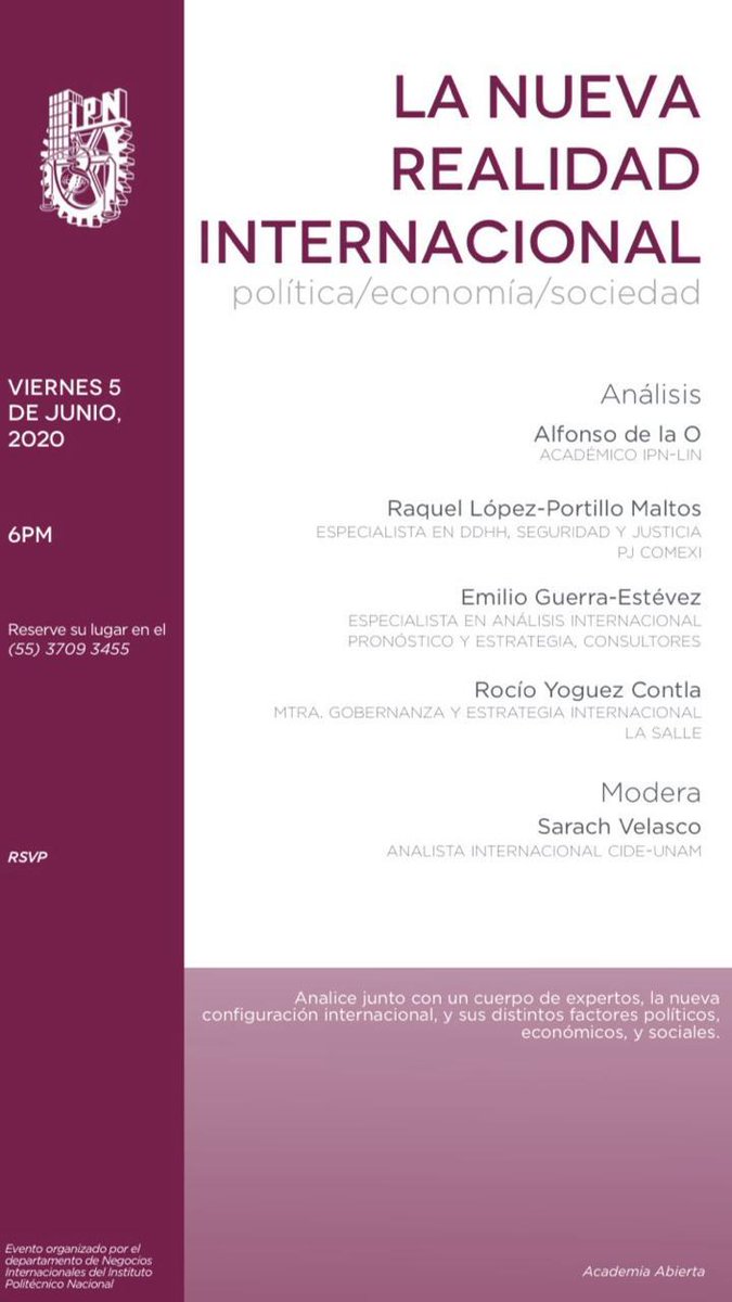 A todos los interesados en el panel sobre los retos que enfrenta el panorama internacional desde la perspectiva de distintos especialistas, les dejo el Link para entrar.

#AcademiaAbierta
#IPN
📆 Hoy 
🕛 6PM

lnkd.in/gmH8EEW