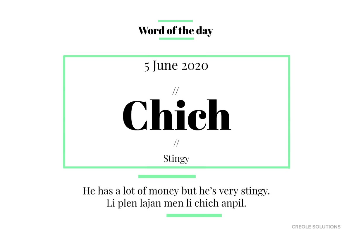 CreoleSolutions's tweet photo. Yon moun ki pa pataje ak moun fasil chich. Li ka yon bagay ki piti tou.

Chich means stingy. It can also refer to a small amount of something.

#CreoleProverbs #CreoleQuotes #creolewordoftheday #Haiti🇭🇹 #HaitianCreole #CreoleTranslation https://t.co/lD6BShLUT3