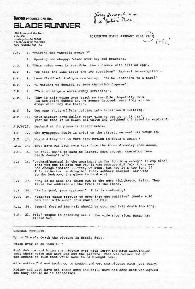 Blade Runner screening notes, Jan. 21, 1982