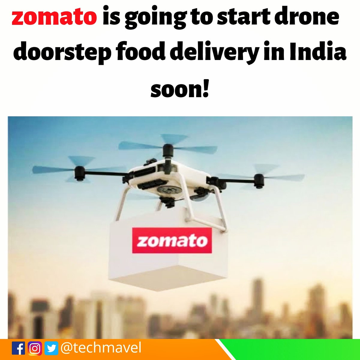 TechMavel's tweet photo. Drone doorstep delivery will start in India soon!

Are you guys excited for this?

Zomato, swiggy is going to start doorstep food delivery in India soon. DGCA also approved this concept and allowed to start test flight.
#fooddelivery #dronedelivery #Zomato #swiggy #doorstep https://t.co/KPO3sJ2GVK