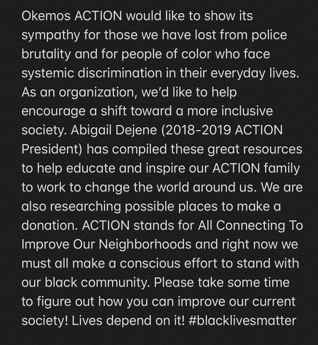 action_okemos's tweet photo. Our statement of support and resources (originally posted to our Instagram)! 🖤 #blacklivesmatter https://t.co/1GHqP3H3Hv