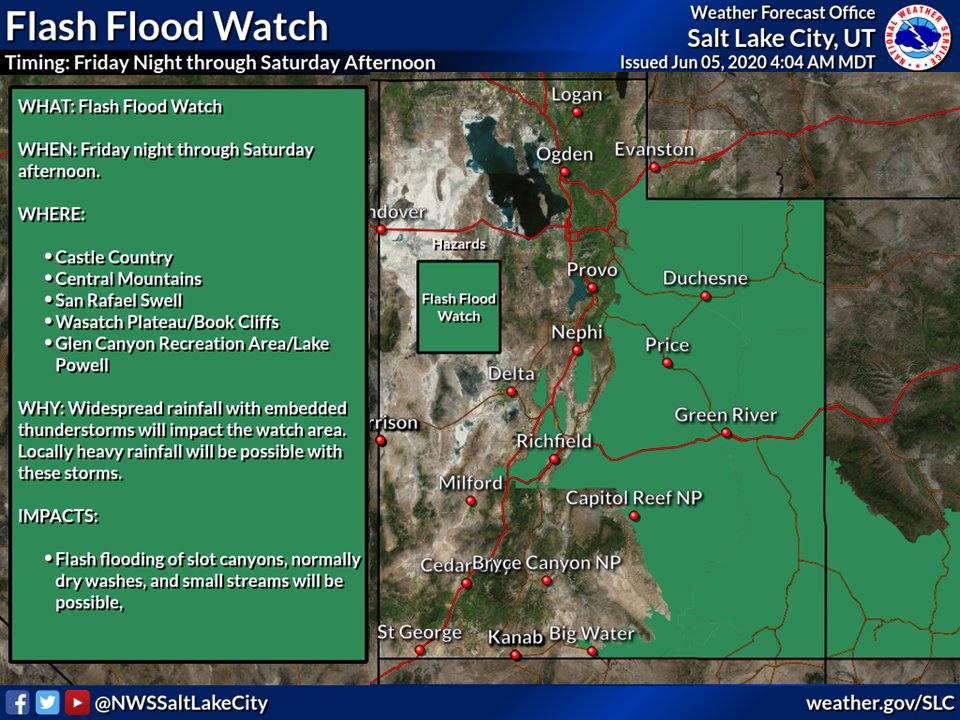 NWSSaltLakeCity's tweet photo. โ ๏ธโ๏ธUPDATE: Our Flash Flood Watch has been expanded farther north. โ ๏ธโ๏ธ
Still expecting widespread showers & thunderstorms w/locally heavy rain.
Slot canyons, burn scars, small streams & dry washes will be at risk for flash flooding.
#utwx #utflood https://t.co/NXFXIUnIyF