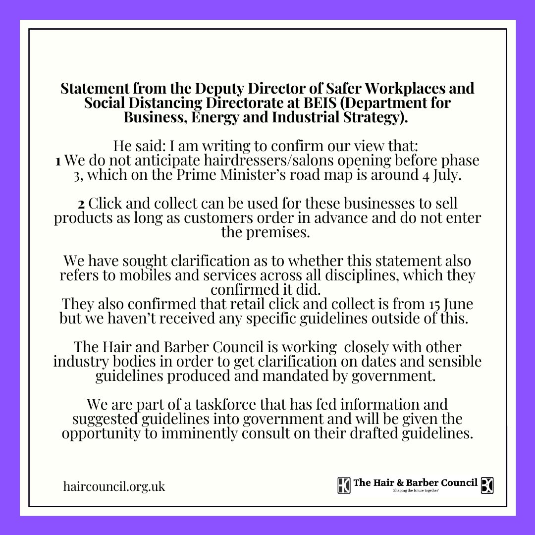 Information received today from Deputy Director of Safer Workplaces and Social Distancing Directorate at BEIS (Department for Business, Energy and Industrial Strategy)