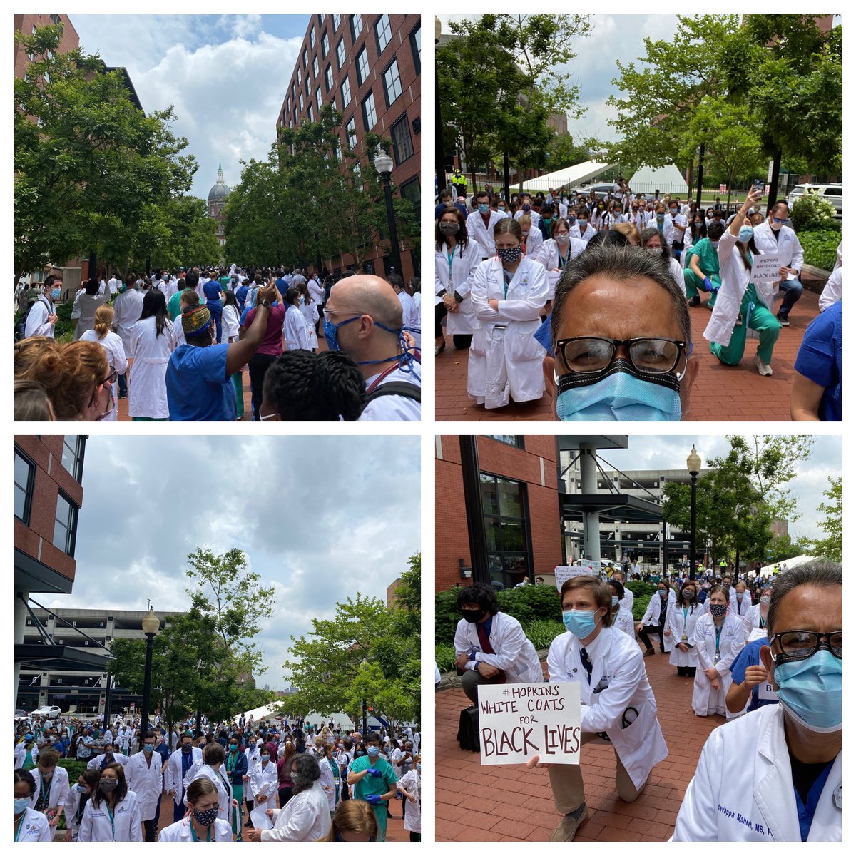 Protesting #racism & #injustice by #WhiteCoats4BlackLives @HopkinsMedicine by kneeling for “10 min” today. Large gathering shows the frustration regarding continued brutality towards URMs