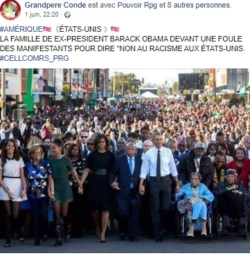 InfoIntoxF24's tweet photo. Barack #Obama en tête du cortège pour dire "Non au racisme" ou qui pleure lors d’un discours pour "lutter contre le racisme" après assassinat de #GeorgesFLoyd ?
❌ Des intox virales utilisent des anciennes images de l’ex-président américain pour faire le buzz [mini-thread]  1/4 https://t.co/JwWKNBnZaD