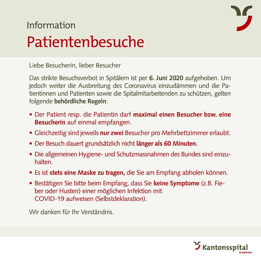 Der Kanton hebt per Samstag, 6. Juni, das strikte Besuchsverbot in Spitälern auf. Ab diesem Datum gelten neue Regeln für Patientenbesuche und Restaurationsbetriebe am KSGR.