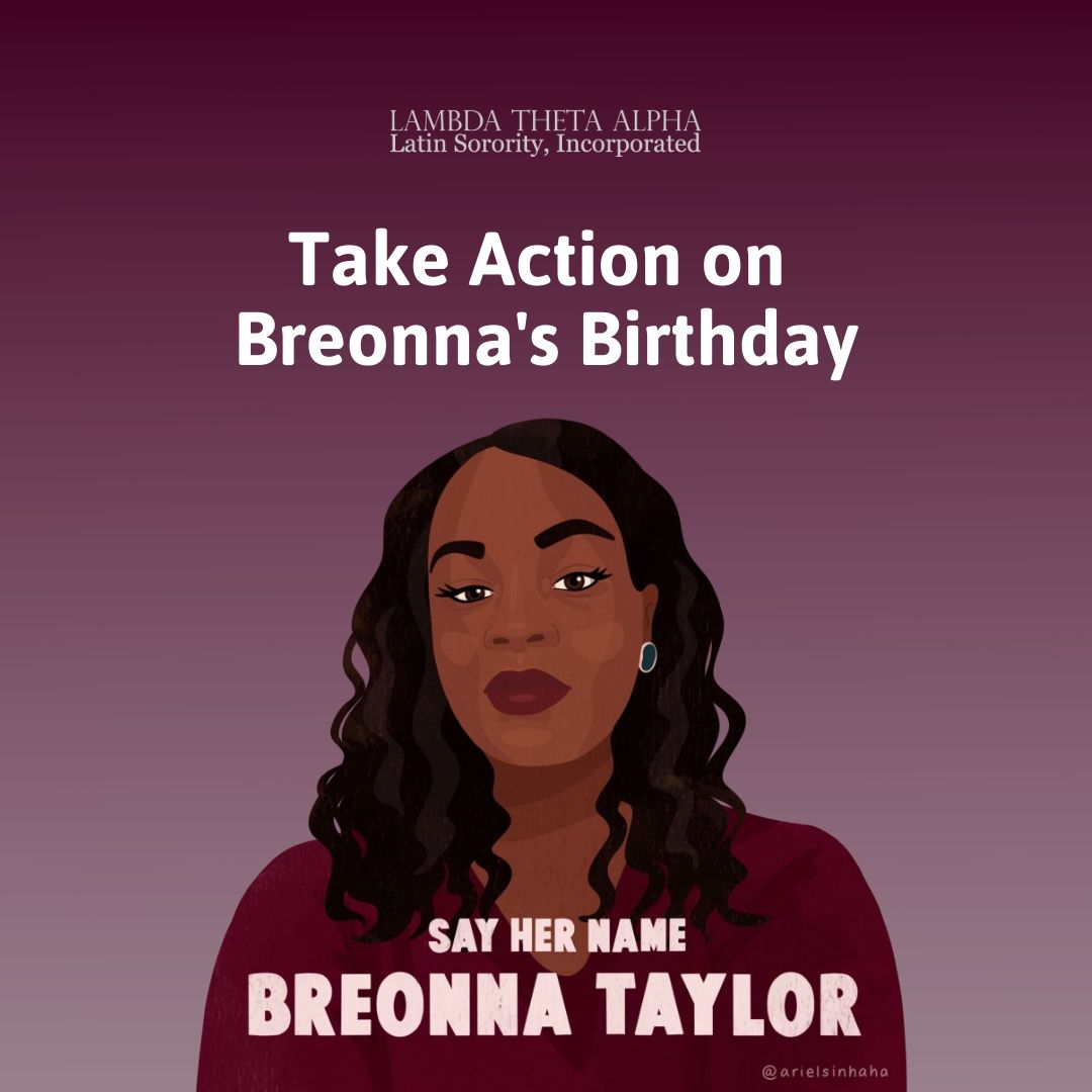 ΛΘΑ stands w/Breonna Taylor's family today as we celebrate her birthday. Check out buff.ly/2XVVgiR to find 10 ways you can #SayHerName &amp;find #JusticeForBreonna.
#BlackLivesMatter #BirthdayForBreonna (art credit: <a href="/arielsinhaha/">Ariel Sinha</a>)