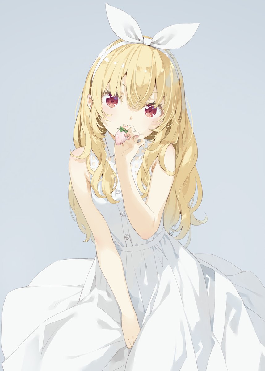 hoshimiya ichigo 1girl solo blonde hair long hair red eyes dress fruit  illustration images