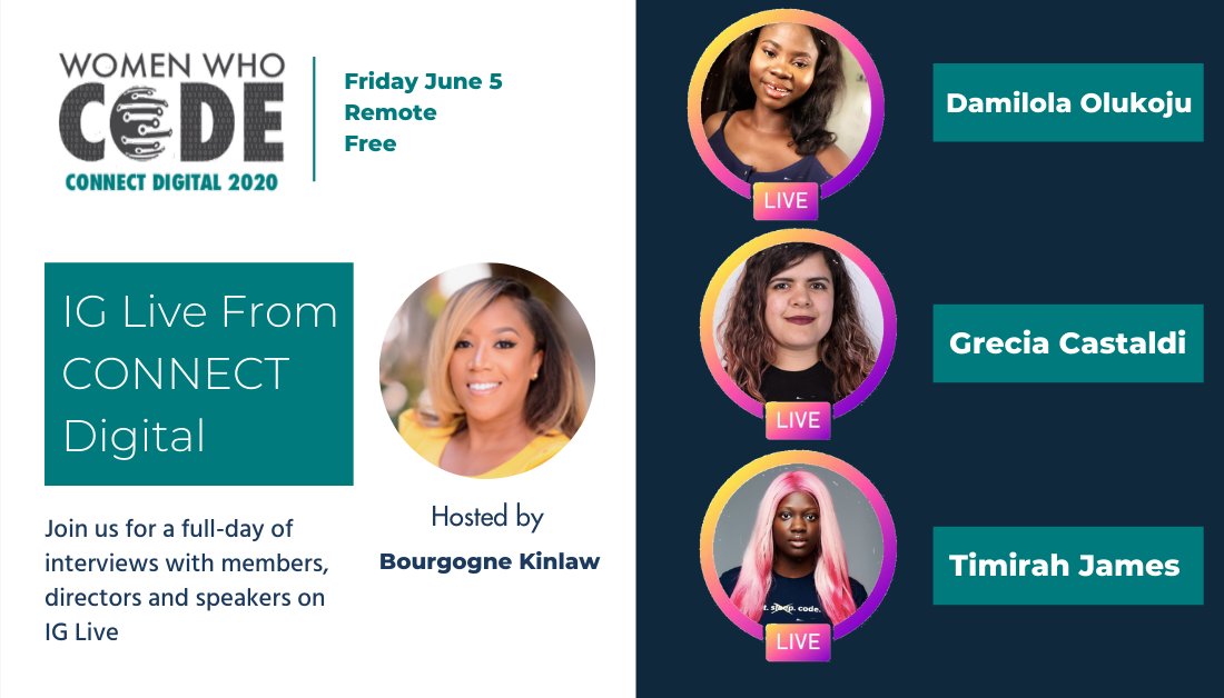 WomenWhoCode's tweet image. 🎙 We are going live on Instagram behind-the-scenes at #ConnectDigital!
👩🏾‍💻 Featuring directors and members of WWCode talking about technical content, leadership, and more! 
⏰  Tune in starting at 11AM EST