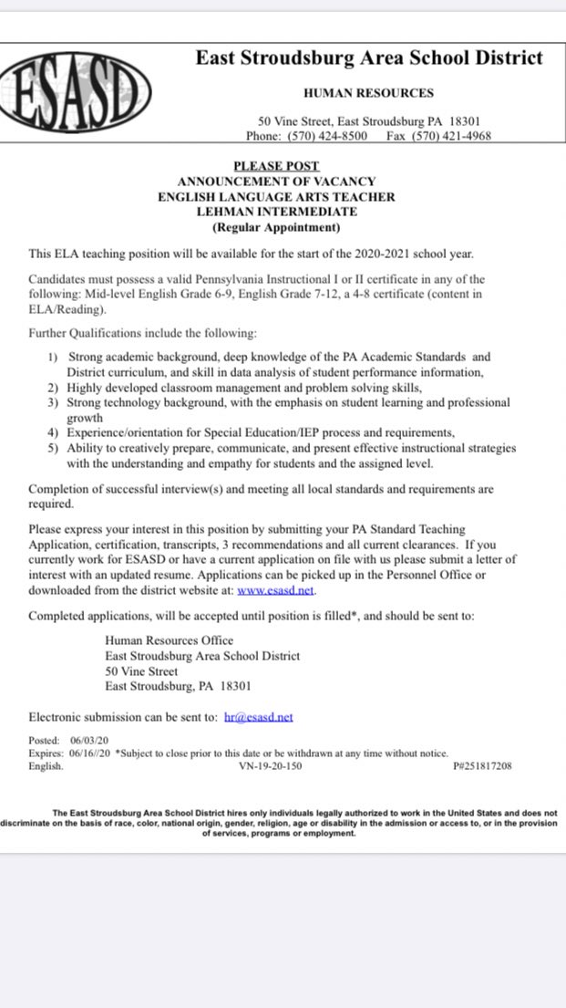 English position at Lehman Intermediate