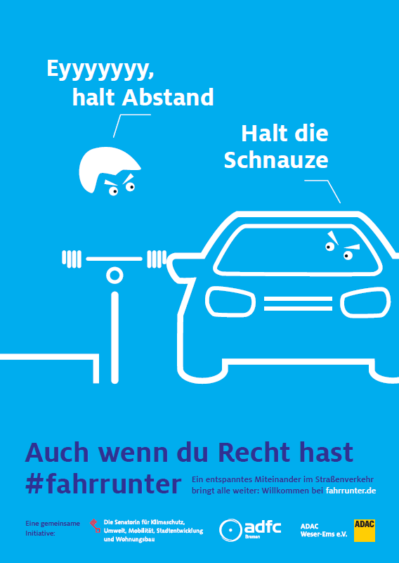 RathausHB_news's tweet photo. 🚲🚗„Auch, wenn du Recht hast #fahrrunter“ - Eine gemeinsame Kampagne der Verkehrssenatorin, des #ADAC und des #ADFC soll für mehr #Freundlichkeit im #Straßenverkehr sorgen. Mehr in der Presseinfo https://t.co/s3Ro2Gx9gx und unter https://t.co/jx5C1RPkvb  #Verkehr #Sicherheit https://t.co/9RXDNp06Yv