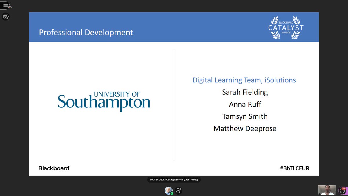 VLEguru's tweet photo. We in @learnsoton at the @unisouthampton won a @Blackboard catalyst award. Very proud of my colleagues, particularly @annarruff, @TamsynMSmith, and @Shieldingafar who worked so hard on the awards over the years #BbTLCEUR https://t.co/ViNSd0nUzf