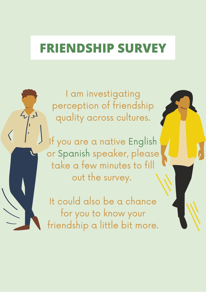 I am looking for native English or Spanish speakers to fill in my questionnaire about friendship quality. Survey link: nottingham.onlinesurveys.ac.uk/friendship-sur…
It is important to note that all answers are completely anonymous and confidential.