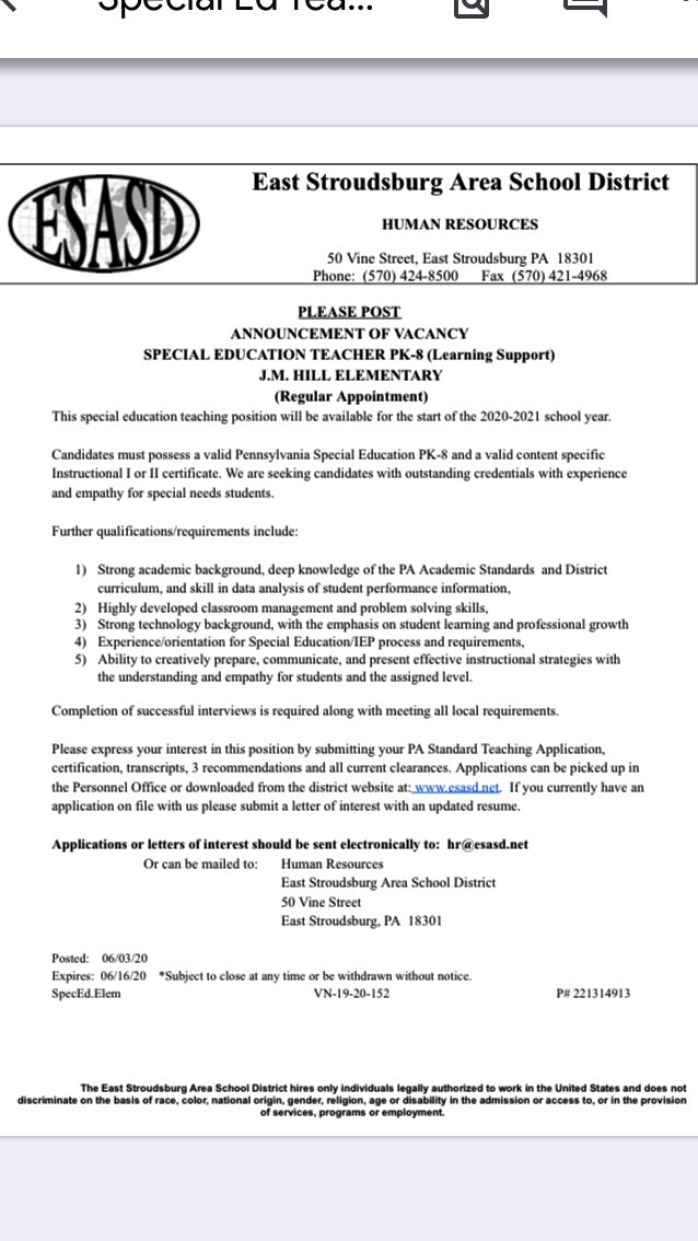 JM Hill Elem. has a Sp. Education vacancy