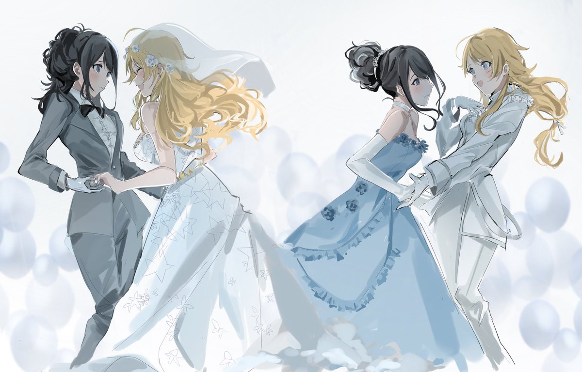 hachimiya meguru ,kazano hiori multiple girls dress wife and wife blonde hair yuri gloves black hair  illustration images