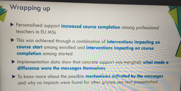 SMarzadro's tweet photo. Conditions for increasing the participation and completion in online courses for teachers #TeachUP_EU #policyexperimentation T @davazzolini @eu_schoolnet https://t.co/HPlBPUS2Bp
