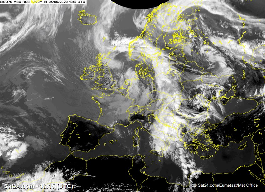 SatelliteEurope's tweet photo. Current satellite view over Europe at UTC 13:15 on Fri, 05 Jun 2020 https://t.co/KqeBvGEzw3