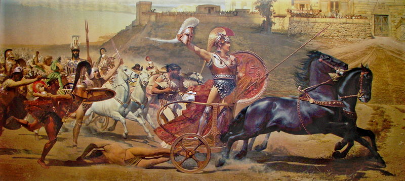 _Ulixes's tweet photo. "#Achille continuait de pleurer #Patrocle. Chaque jour à l'aube, il attelait ses chevaux à son char. Il traînait le corps d'#Hector autour du tertre de Patrocle, puis le laissait étendu, le front dans la poussière."
L’#Iliade📖
Franz Matsch, Le Triomphe d’Achille, 1882. https://t.co/P0YVVQTWo2