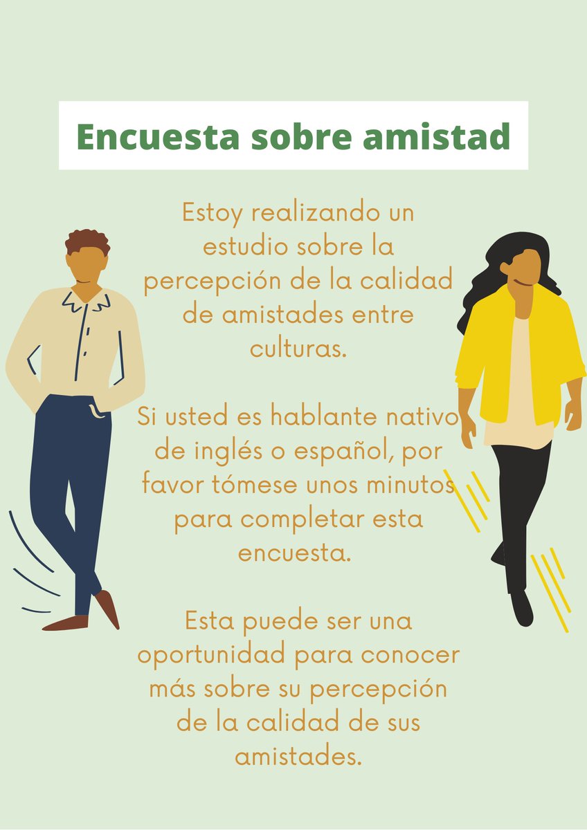 Estoy buscando hablantes nativos de inglés o español para completar una encuesta sobre la calidad de la amistad entre personas.Enlace del cuestionario: nottingham.onlinesurveys.ac.uk/friendship-sur…
Todas las respuestas son completamente confidenciales y anónimas.